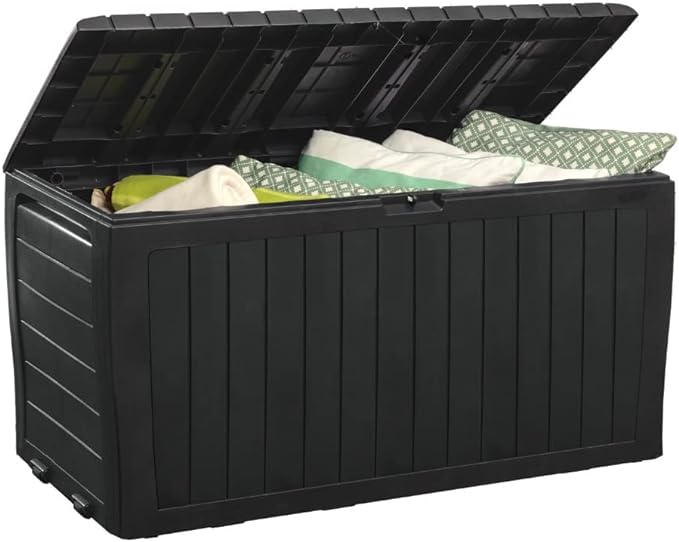 Keter Marvel Plus 71 Gallon Resin Outdoor Storage Box for Patio, Balcony & Garden – Weather‑Resistant Deck Box for Cushions, Pillows, Pool Floats & Tools, Dark Grey by Keter