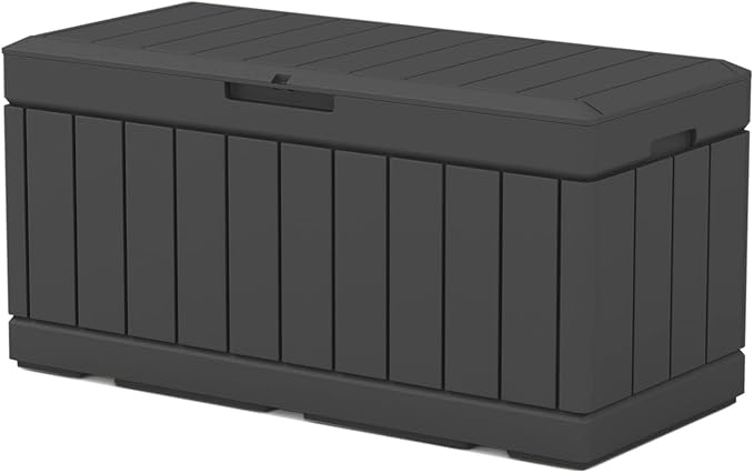 Patiowell 82 Gallon Resin Deck Box, Waterproof Large Wood Look Storage Box for Patio Furniture, Pool Accessories, Garden Tools and Sports Equipment, Lockable, Black by Patiowell