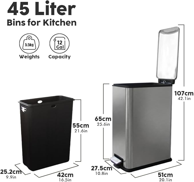 12 Gallon Slim Trash Can Kitchen, Stainless Steel Large Trash Can - Image 8