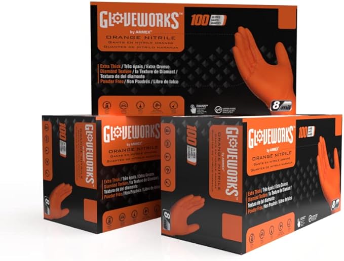 GLOVEWORKS 8 Mil Orange Nitrile Disposable Gloves Heavy Duty Industrial RDT by GLOVEWORKS