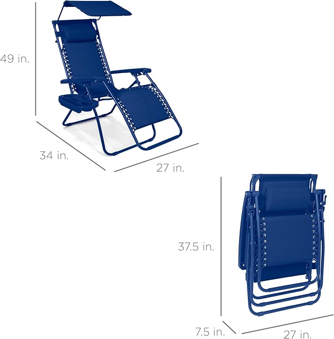 Best Choice Products Folding Zero Gravity Outdoor Recliner Patio Lounge Chair w/Adjustable Canopy Shade, Headrest, Side Accessory Tray, Textilene Mesh - Marine - Image 2