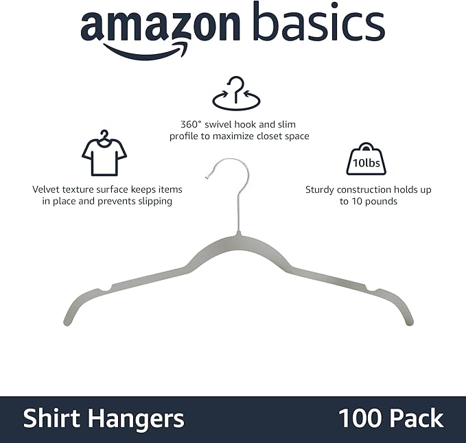 Amazon Basics Non-Slip Shirt Clothes Hangers Velvet, Space-Saving Slim - Image 2