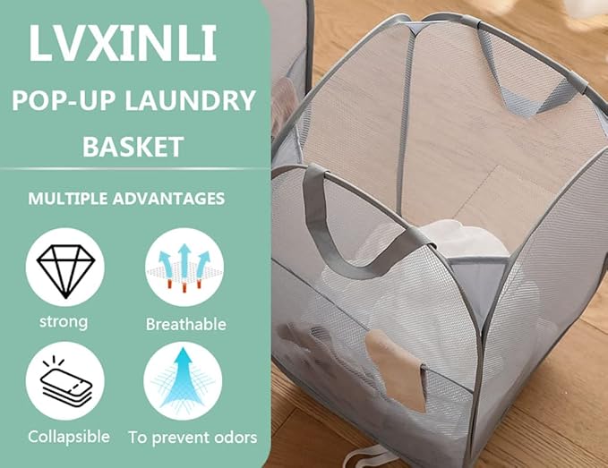 2 Pack Mesh Laundry Basket, Foldable Popup Laundry Hamper - Image 4