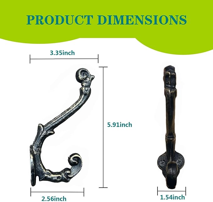 4 Pack Cast Iron Wall Hooks Antique Vintage Rustic Farmhouse Coat Hooks - Image 2