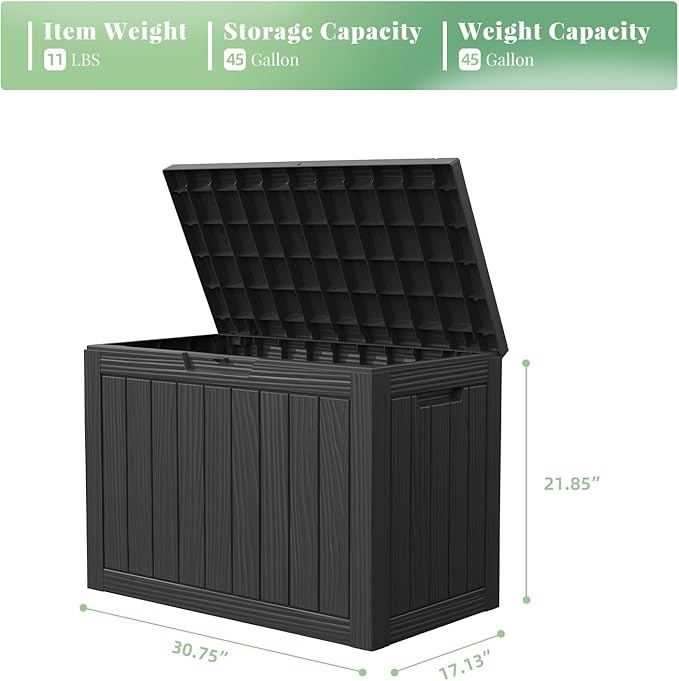 DRATO 45 Gallon Deck Box, Outdoor Storage Box for Patio Furniture, Patio Cushions, Gardening Tools, Pool Supplies 480lbs Weight Capacity,Waterproof Resin Storage Boxes（Black，45 Gallon） - Image 2