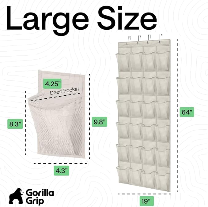 GORILLA GRIP Over the Door Shoe Organizer, 24 Large Breathable Mesh Pockets - Image 7