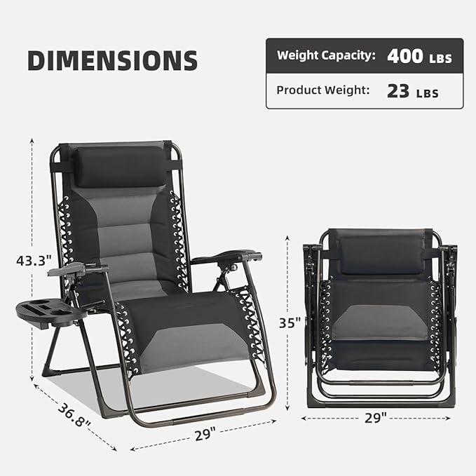 Zero Gravity Chair Set of 4 Oversized Padded Recliner with Adjustable Headrest & Cup Holder - 600D Oxford Folding Lounge Chair for Outdoor Camping, Patio, Poolside (Black & Gray) - Image 3
