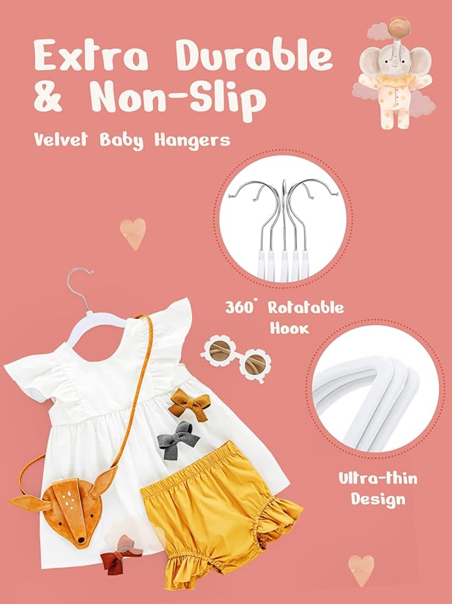HOUSE DAY 11 Inch Velvet Baby Hangers 50 Pack White, Premium Kids Hangers - Image 5