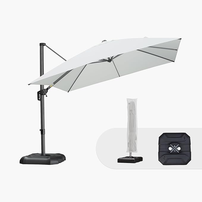 PURPLE LEAF 10'×10' Patio Umbrella with Base and Cover Outdoor Large Offset Cantilever Umbrella Heavy Duty Sun Umbrella for Garden Deck Pool Patio White by PURPLELEAF