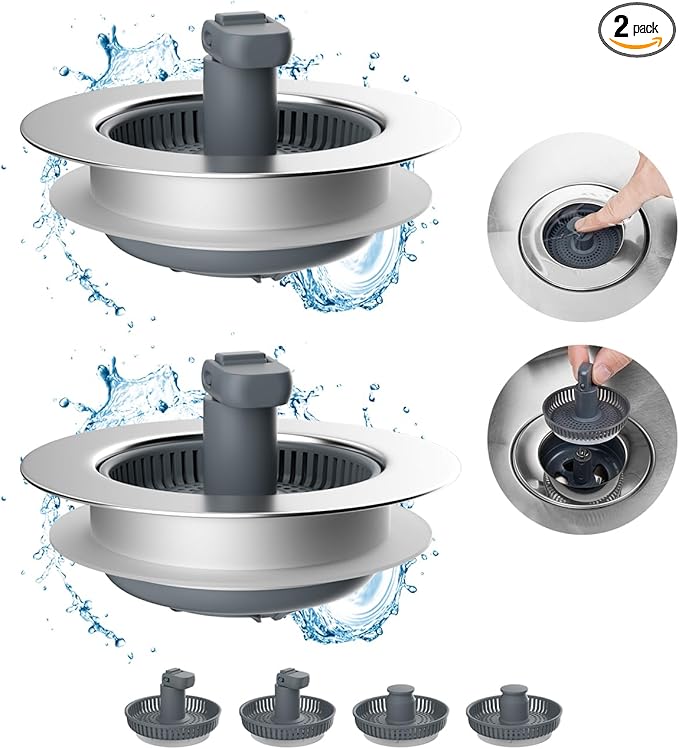 Hibbent 2 Pack 3 in 1 Kitchen Sink Drain Strainer and Stopper Combo, Chrome by Hibbent