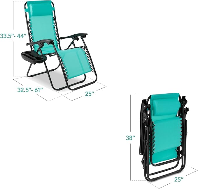 Best Choice Products Set of 2 Adjustable Steel Mesh Zero Gravity Lounge Chair Recliners w/Pillows and Cup Holder Trays - Mint - Image 3