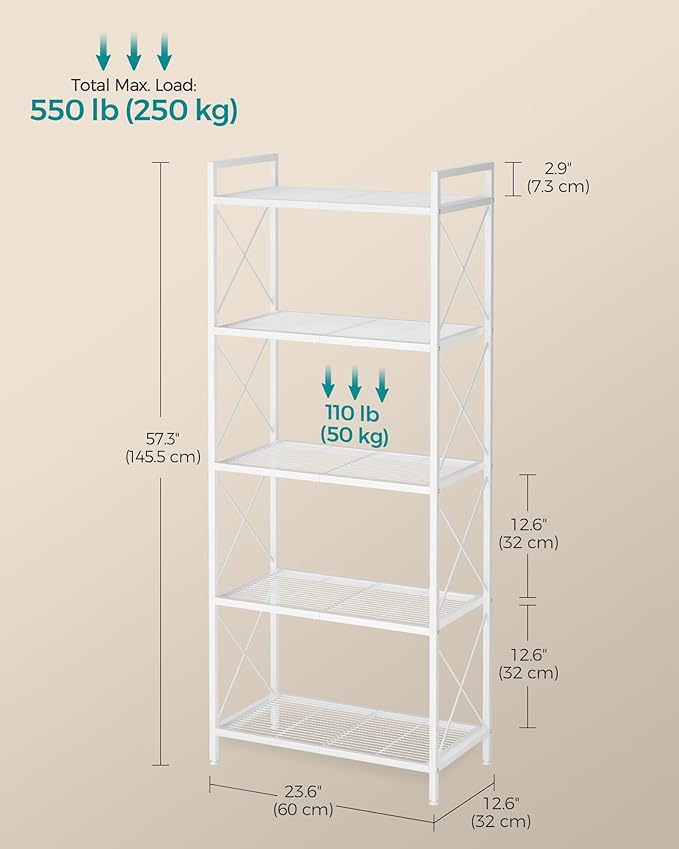 SONGMICS 5-Tier Metal Storage Rack, Shelving Unit with X Side Frames, Dense Mesh, 12.6 x 23.6 x 57.3 Inches, for Entryway, Kitchen, Living Room, Bathroom, Industrial Style, Cloud White UBSC165W01 - Image 3