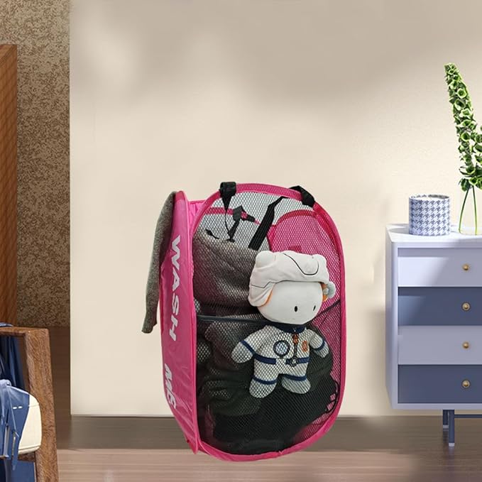 2 Pack Mesh Pop Up Laundry Hamper Collapsible Laundry Basket Pink Dirty Clothes - Image 6