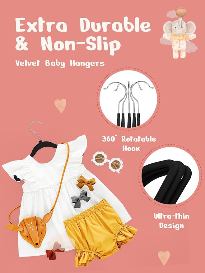 HOUSE DAY 11 Inch Black Velvet Baby Hangers 20 Pack, Premium Kids Hangers - Image 5