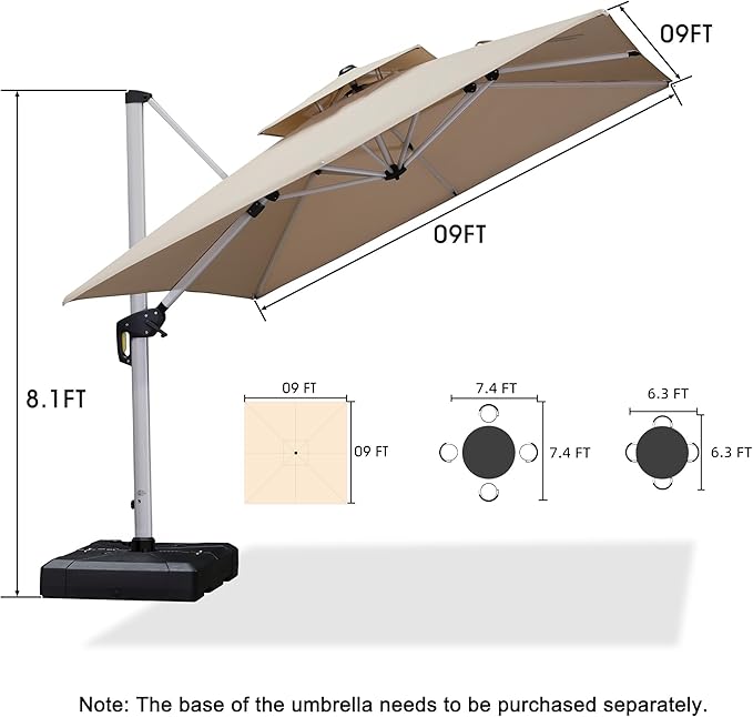 PURPLE LEAF 9ft Patio Umbrella Outdoor Square Umbrella Large Cantilever Umbrella Windproof Offset Heavy Duty Sun for Garden Deck Pool Patio, Beige - Image 8