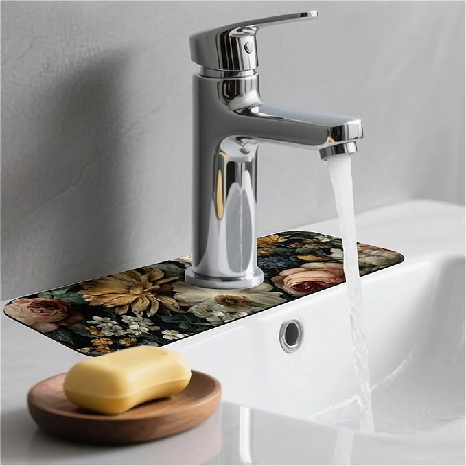 Kitchen Sink Splash Guard，Dark-floral Faucet Mat Sink Gadgets-Super Absorbent - Image 2