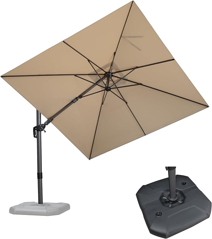 PURPLE LEAF 8.8' X 8.8' Right-left Tilt Patio Umbrella with Base Outdoor Cantilever Swivel Square Umbrella with Tilt Aluminum Offset Umbrella with 360-degree Rotation for Garden Deck Pool Patio Beige by PURPLELEAF