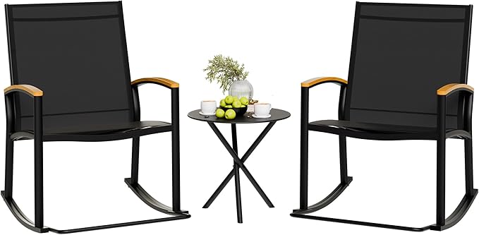 Shintenchi 3 Piece Outdoor Rocking Bistro Set, Textilene Fabric Small Patio Furniture Set, Front Porch Rocker Chairs Conversation Set with Table for Lawn, Garden, Balcony, Poolside (Black) by Shintenchi