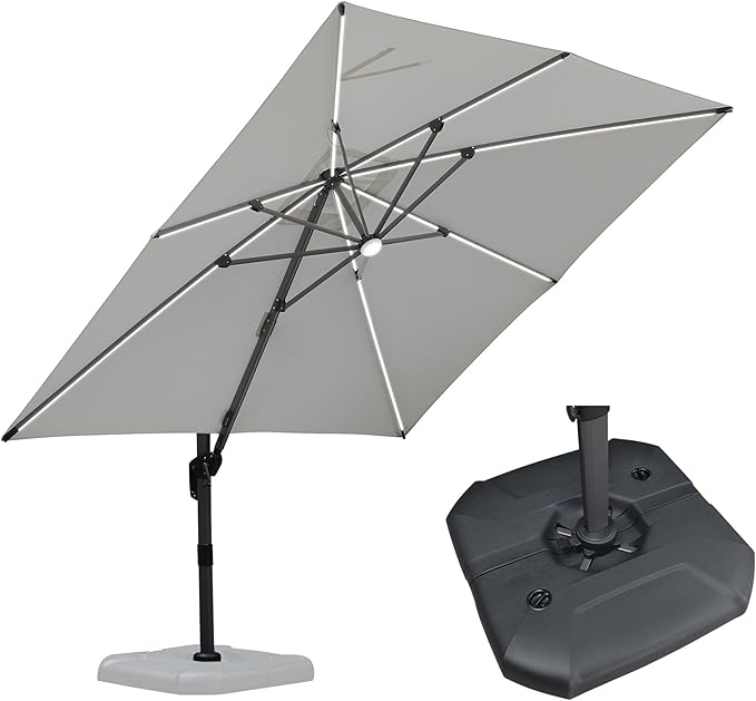 PURPLE LEAF 10 Feet Patio Umbrella with Base Outdoor Cantilever Solar Powered LED Square Umbrella Aluminum Offset Umbrella with 360-degree Rotation for Garden Deck Pool Patio White - Image 3