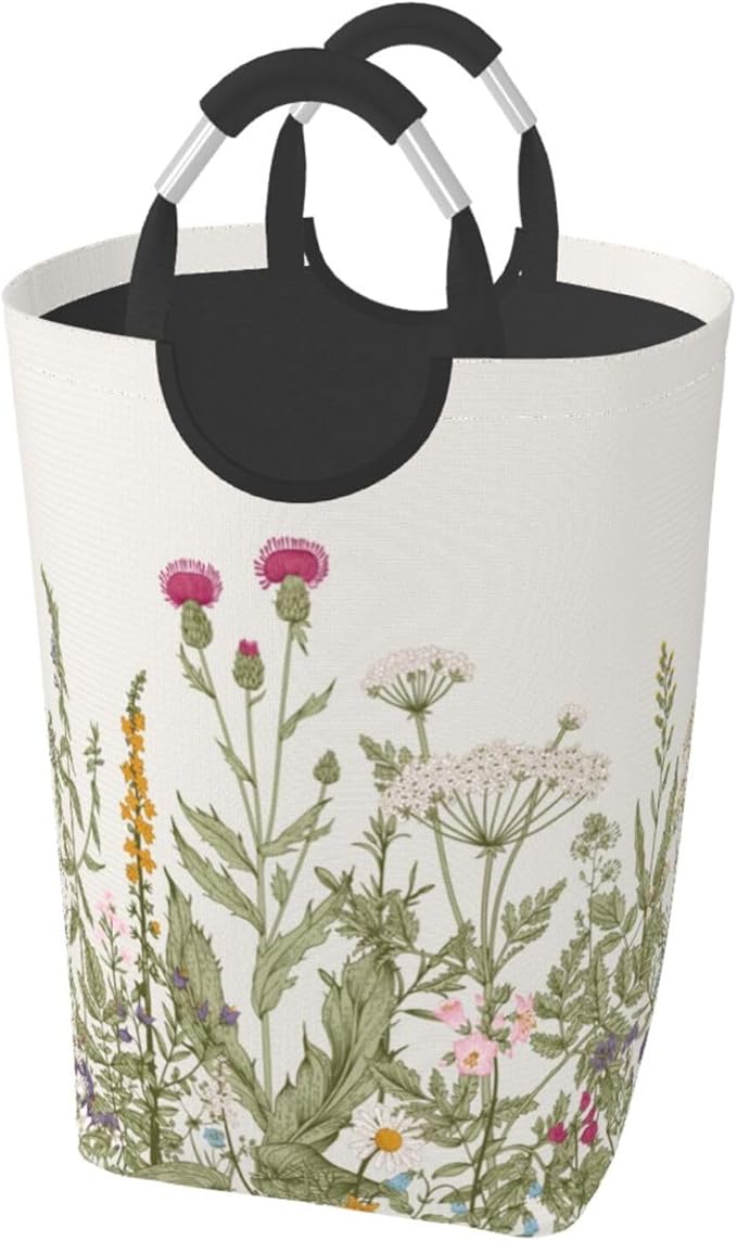 Vintage Floral Plants Laundry Basket Wild Flowers Herbs Foldable Collapsible by Unknown