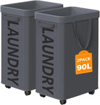 2 Pack Laundry Basket with Wheels, 90L Rolling Laundry Hamper with Wheels by Optish