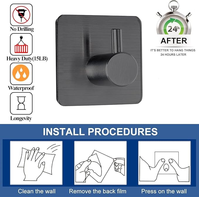 Black Adhesive Towel Hooks Heavy Duty Stick on Wall Hooks Shower Hooks - Image 3