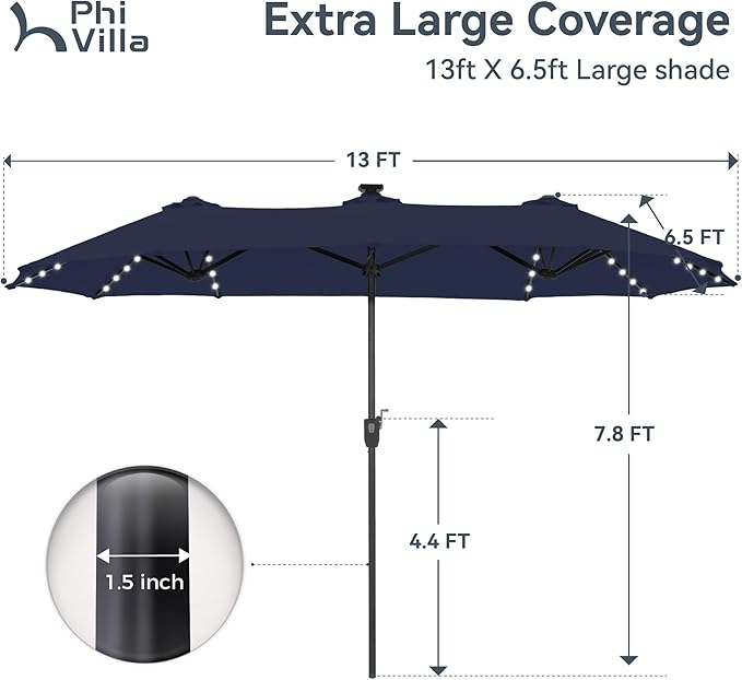 PHI VILLA 13ft Patio Umbrella with Solar-Powered 120 PCS LED Color-Changing Lights, Triple-Head Large Rectangle Umbrella Outdoor Patio for Table with Crank Lift,Navy Blue(No Base) - Image 6