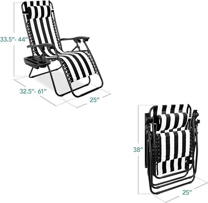 Best Choice Products Set of 2 Adjustable Steel Mesh Zero Gravity Lounge Chair Recliners w/Pillows and Cup Holder Trays - Black Striped - Image 2