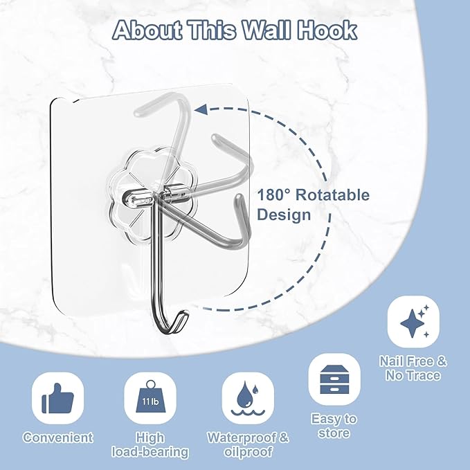 30Pack Adhesive Hooks Set, Stainless Steel Clear Sticky Hooks, Heavy Duty Wall - Image 4