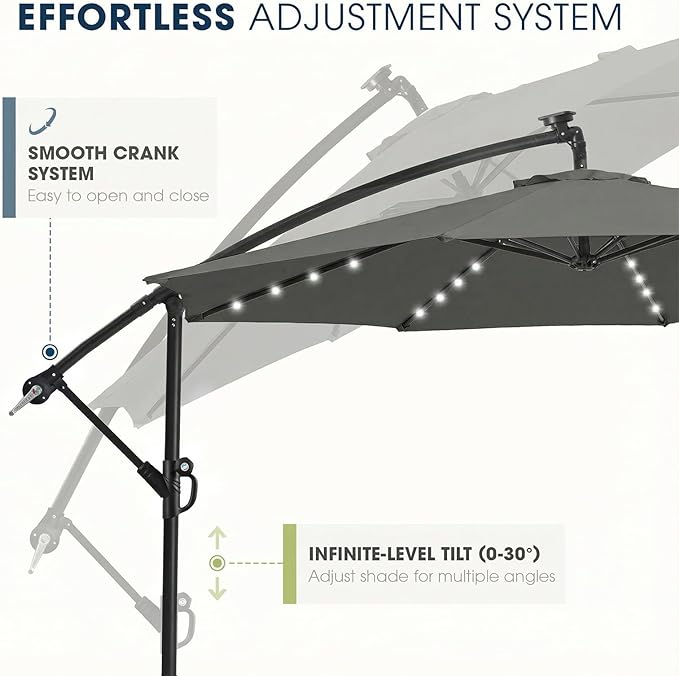 wikiwiki 10ft Solar LED Patio Umbrella with Base Included, Offset Umbrella with Weighted Sandbag Base, Cantilever Patio Umbrella for Backyard, Garden & Deck, 32 LED Lights & Polyester Shade, Dark Gray - Image 6