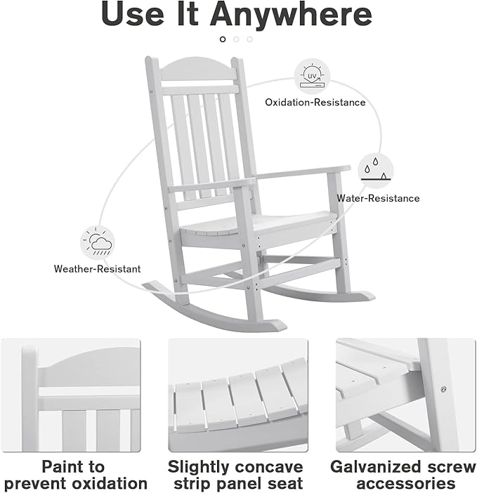 Devoko HDPE Rocking Chair Plastic Outdoor Indoor Patio Rocker Chair High Back All Weather Rocker for Patio Backyard Porch Garden (White) - Image 5