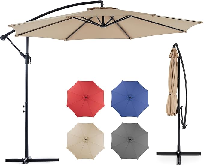 OLIXIS Offset Patio Umbrella, 9.7FT Cantilever Table Umbrellas for Outdoor Sun Shade UV Protection with Easy Tilt Adjustment, 8 Ribs for Backyard, Lawn, Garden, Pool - Khaki by OLIXIS