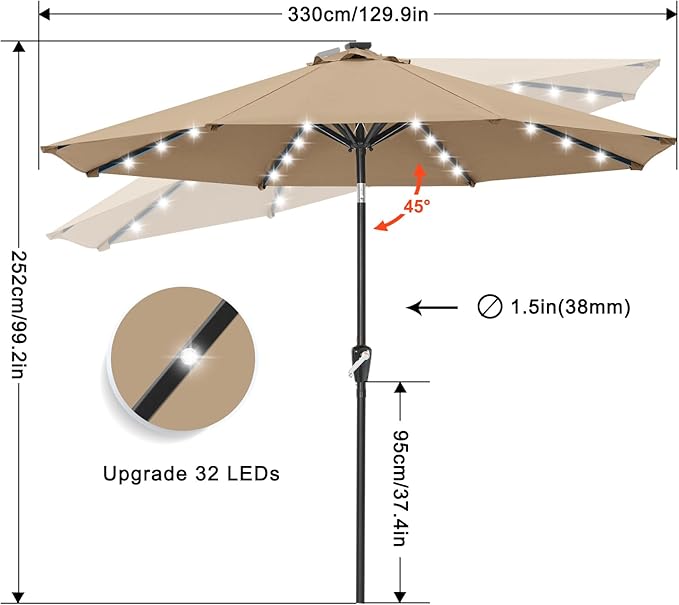 ABCCANOPY Durable Solar Led Patio Umbrellas with 32LED Lights 11FT (Khaki) - Image 3