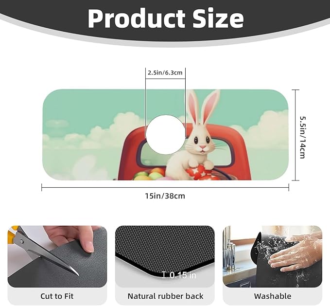 Kitchen Sink Splash Guard Faucet Mat Easter Bunny Rabbits 15"x5.5", Diatom Mat - Image 2