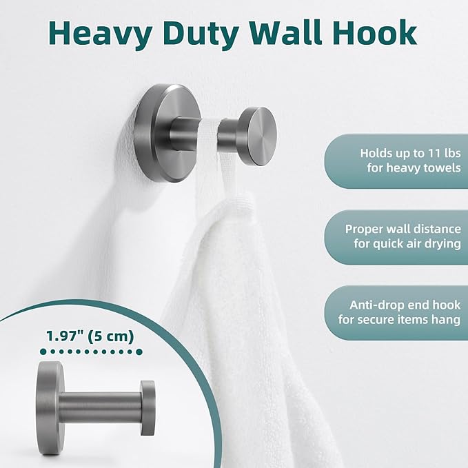 APLusee Gunmetal Gray Single Robe Hook, 304 Stainless Steel Heavy Duty Towel - Image 7
