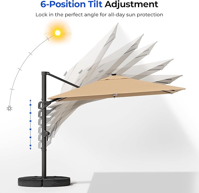 HOMSHADE 10 ft Square Cantilever Patio Umbrella with Base Included, Solar Lights Large Umbrella Outdoor Patio with 360°Rotation&Tilting, LED Lighted Offset Umbrellas w/Stand for Pool Deck - Image 6