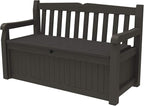 Keter Solana 70 Gallon Storage Bench Deck Box for Patio Furniture, Front Porch Decor and Outdoor Seating – Perfect to Store Garden Tools, Brown/Brown by Keter