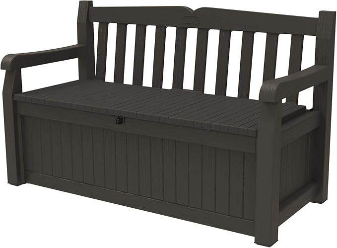 Keter Solana 70 Gallon Storage Bench Deck Box for Patio Furniture, Front Porch Decor and Outdoor Seating – Perfect to Store Garden Tools, Brown/Brown by Keter