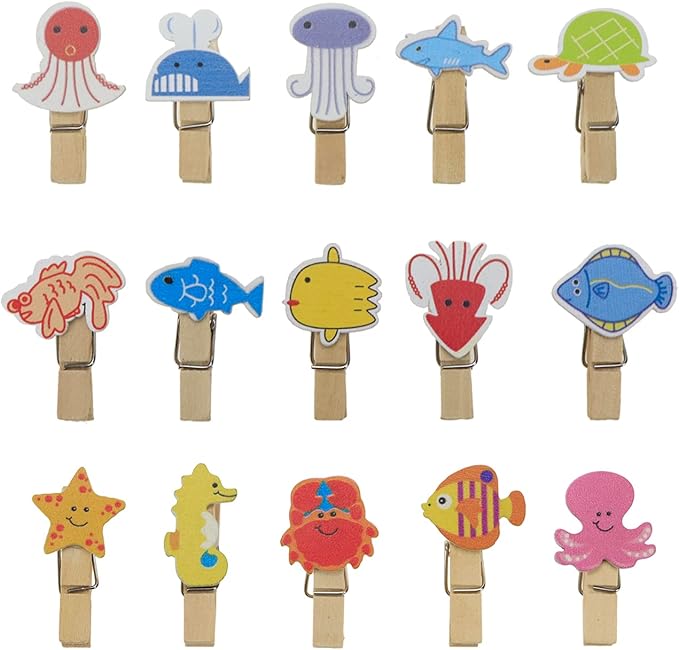 Bitray Mini Wooden Clothespins Cute Ocean Animals Wooden Clips Multi-Function - Image 3
