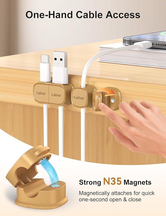 6 Pack Magnetic Cable Clips, Laitver Cord Organizer Holder Strong Adhesive Desk - Image 4