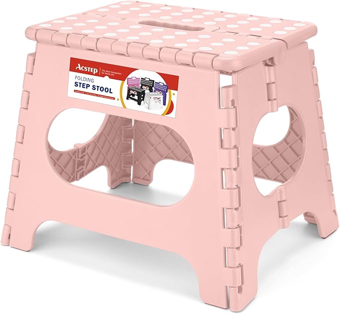 ACSTEP Folding Step Stool 11 Inch, Sturdy Plastic Foldable Step Stool for Kids & Adults, Non Slip Lightweight Collapsible Foot Stools Holds 300 lbs, Ideal for Kitchen, Bathroom, Bedroom, Light Pink by ACSTEP