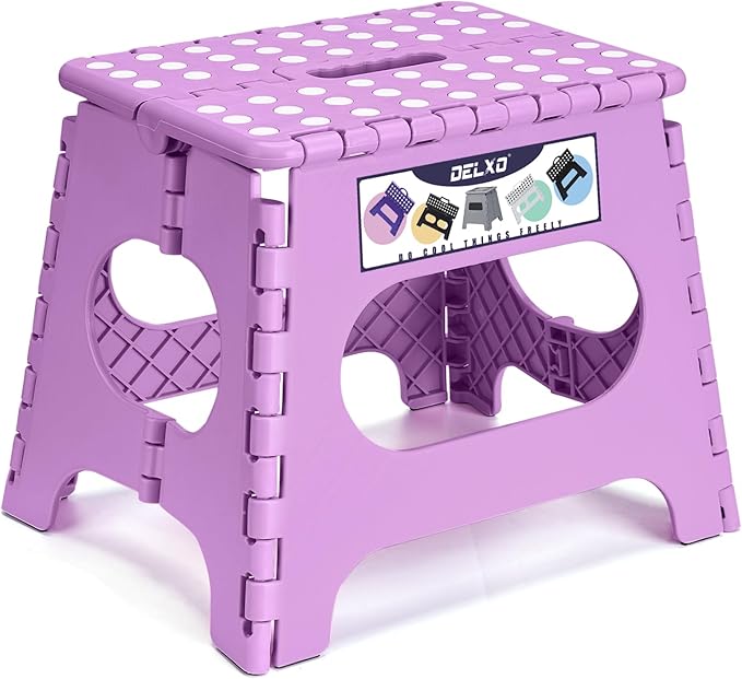 Delxo 11 inch Folding Step Stool, Non-Slip Foldable Stools Up to 300 LBS, Step Stool with Handle, Lightweight for Kitchen, Bathroom, Bedroom, Garden, Light Purple, 1PC by Delxo