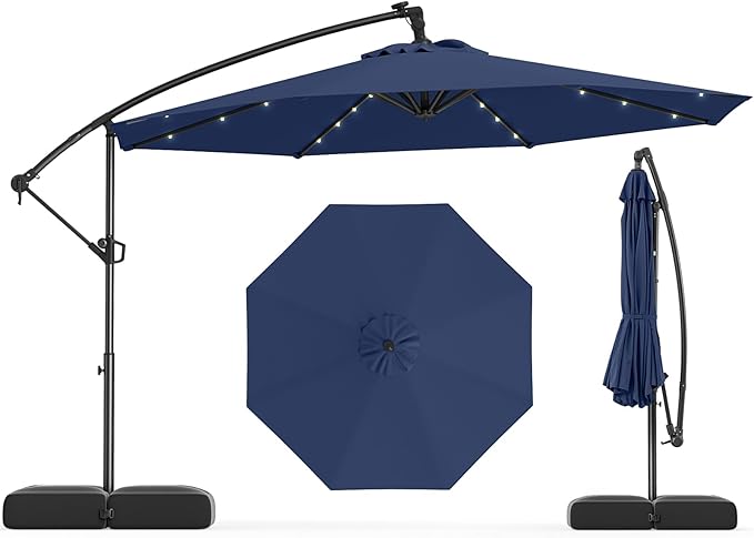 Tangkula 10ft Solar LED Patio Umbrella with Base, Offset Cantilever Outdoor Umbrella with 32 LED Lights, Infinite Tilt, 360 Degree Rotation, Crank Handle for Pool Deck Garden Backyard (Navy) by TANGKULA