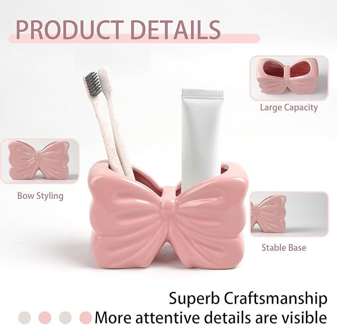 Bow Toothbrush Holder， 2-Slot Toothbrush and Toothpaste Holder Cute Toothbrush - Image 2