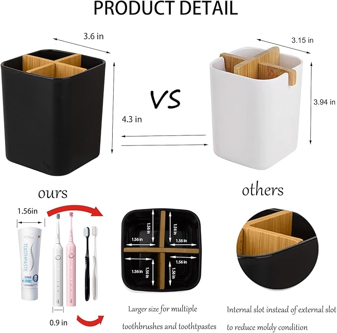 Bamboo Toothbrush Holder for Bathrooms, 4 Slots Toothbrush and Toothpaste - Image 2