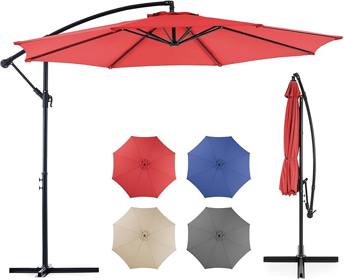 OLIXIS Offset Patio Umbrella, 9.7FT Cantilever Table Umbrellas for Outdoor Sun Shade UV Protection with Easy Tilt Adjustment, 8 Ribs for Backyard, Lawn, Garden, Pool - Red by OLIXIS
