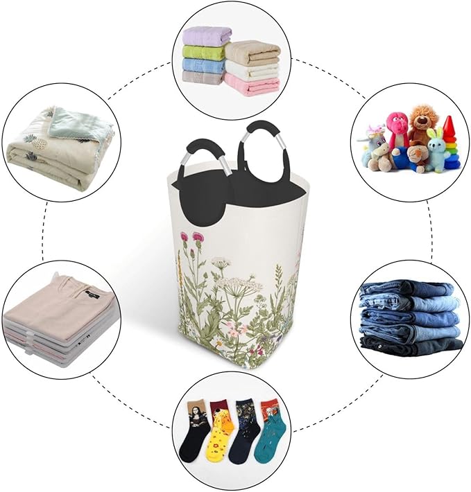 Vintage Floral Plants Laundry Basket Wild Flowers Herbs Foldable Collapsible - Image 5