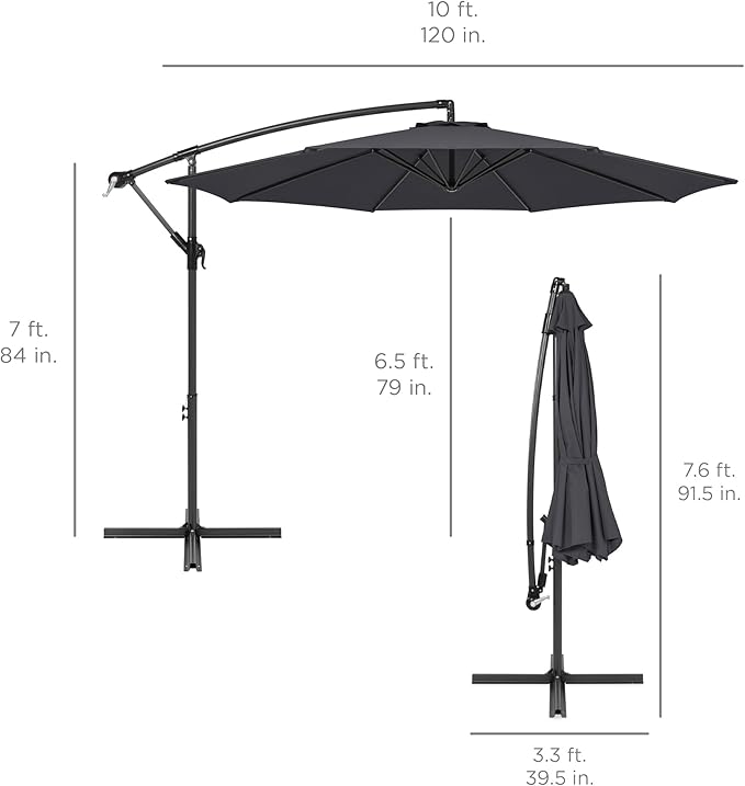 Best Choice Products 10ft Offset Hanging Market Patio Umbrella w/Easy Tilt Adjustment, Polyester Shade, 8 Ribs for Backyard, Poolside, Lawn and Garden - Gray - Image 7