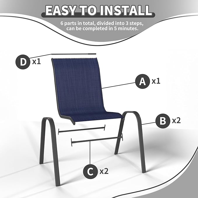 Patio Dining Chairs Set of 6, Outdoor High Stacking Chairs，Breathable Seat Fabric and Alloy Steel Frame for Backyard, Porch, Garden, Sunroom (Blue) - Image 5