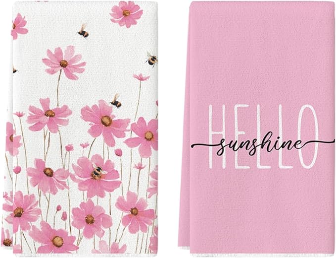 Artoid Mode Pink Flowers Bee Hello Sunshine Spring Kitchen Towels Dish Towels by ArtoidMode
